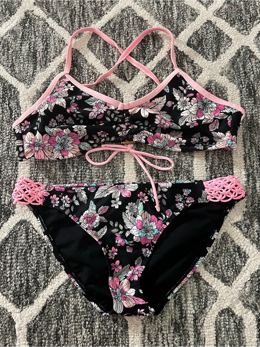 Arizona Jean Company Black Floral Two-Piece Swim Set with Pink Trim